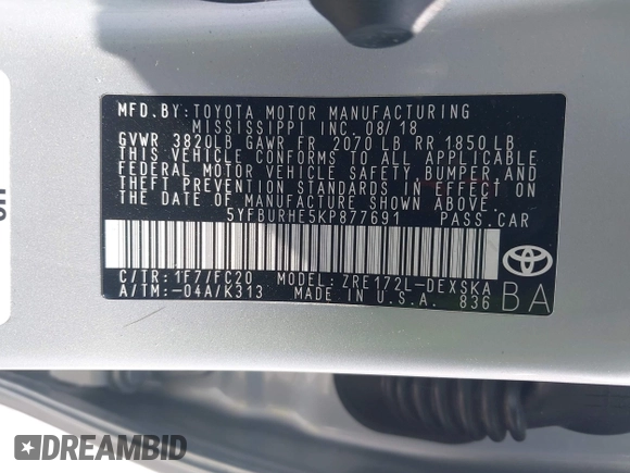 2019 Toyota Corolla L with VIN 5YFBURHE5KP877691, listed as a IAAI auction lot 42108591 with 85,813 mi miles and . Bid and sale history available at DreamBid. Image 9.