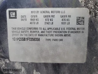 2015 Chevrolet Cruze LT with VIN 1G1PC5SB1F7258358, listed as a Copart auction lot 45280075 with 256,586 mi miles and Salvage Title. Bid and sale history available at carsss.com. Image 13.