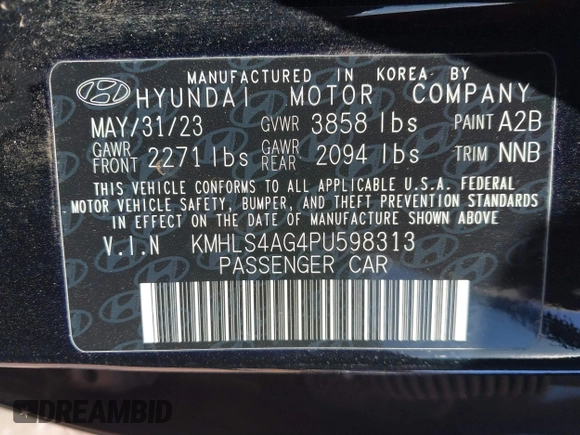 2023 Hyundai Elantra SEL with VIN KMHLS4AG4PU598313, listed as a IAAI auction lot 41651896 with 38,064 mi miles and . Bid and sale history available at DreamBid. Image 9.