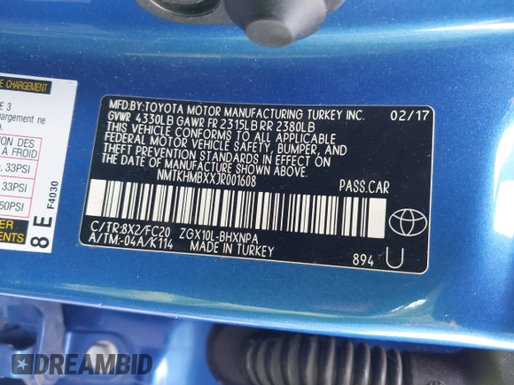 2018 Toyota C-HR XLE with VIN NMTKHMBXXJR001608, listed as a IAAI auction lot 41785723 with 138,047 mi miles. Bid and sale history available at carsss.com. Image 9.