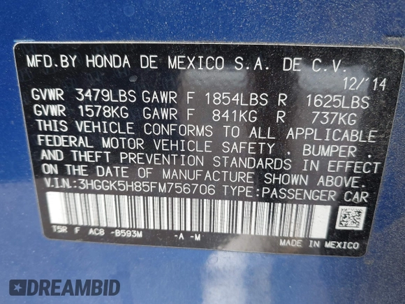 2015 Honda Fit EX-L with VIN 3HGGK5H85FM756706, listed as a IAAI auction lot 42220287 with Not provided miles and . Bid and sale history available at DreamBid. Image 9.