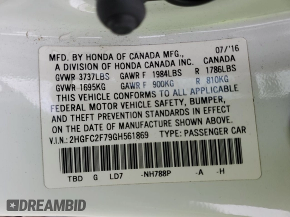 2016 Honda Civic Sedan EX with VIN 2HGFC2F79GH561869, listed as a Copart auction lot 77437694 with 84,298 mi miles and Salvage Title. Bid and sale history available at carsss.com. Image 12.