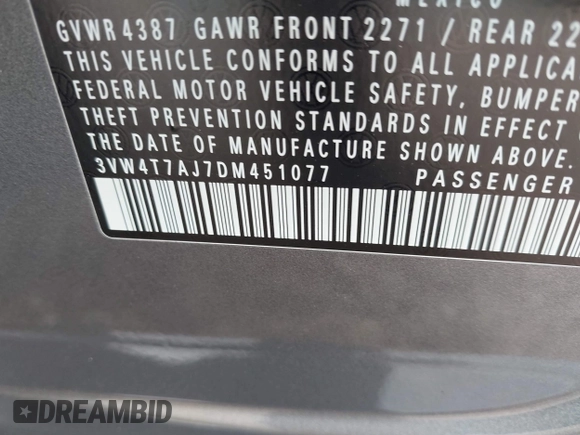 2013 Volkswagen Jetta Autobahn with VIN 3VW4T7AJ7DM451077, listed as a IAAI auction lot 41855053 with 75,207 mi miles and . Bid and sale history available at DreamBid. Image 9.