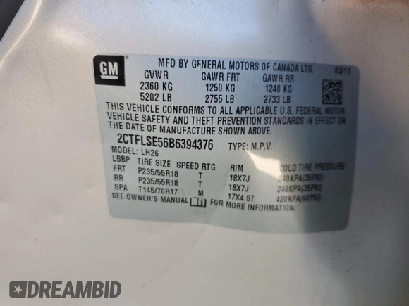 2011 GMC Terrain SLE-2 with VIN 2CTFLSE56B6394376, listed as a Copart auction lot 42172385 with 124,437 mi miles and Salvage Title. Bid and sale history available at carsss.com. Image 12.