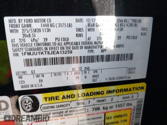 2018 Ford Expedition Limited with VIN 1FMJU1KT8JEA13259, listed as a IAAI auction lot 42103525 with 68,773 mi miles and . Bid and sale history available at DreamBid. Image 9.