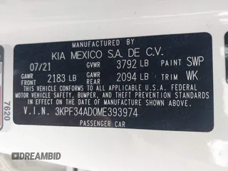 2021 Kia Forte GT-Line z VIN 3KPF34AD0ME393974, wystawiony jako IAAI lot #41953374 z przebiegiem 60 311 mil mil oraz . Historia ofert i sprzedaży dostępna na DreamBid. Obrazek 9.