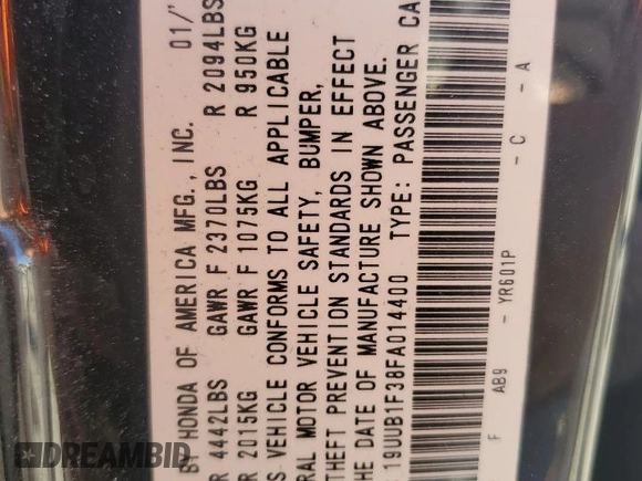 2015 Acura TLX with VIN 19UUB1F38FA014400, listed as a Copart auction lot 53042475 with Not provided miles and Salvage title. Bid and sale history available at DreamBid. Image 15.