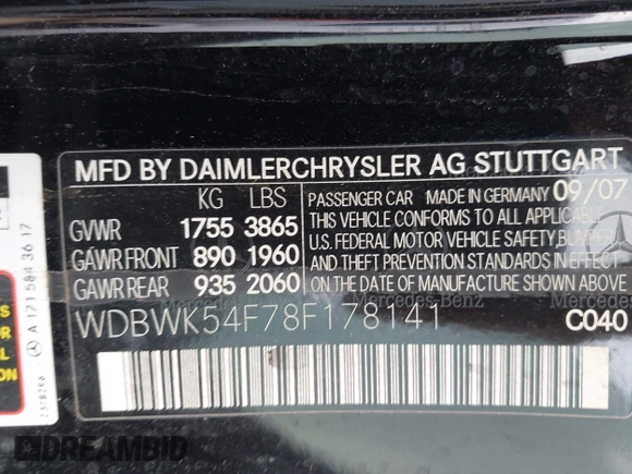 2008 Mercedes-Benz SLK-Class 3.0L with VIN WDBWK54F78F178141, listed as a IAAI auction lot 41934088 with 95,982 mi miles. Bid and sale history available at carsss.com. Image 9.