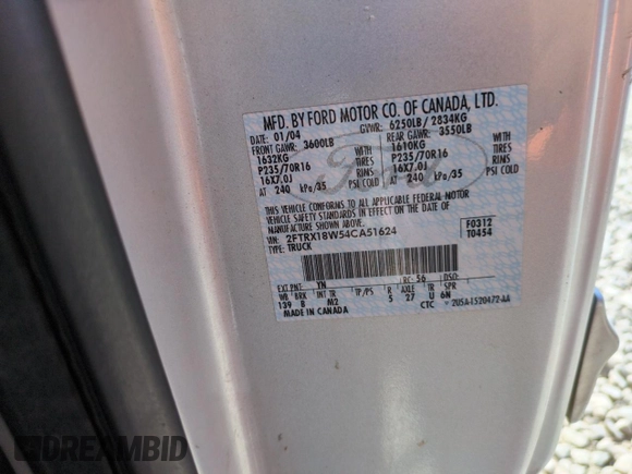 2004 Ford F-150 XL with VIN 2FTRX18W54CA51624, listed as a Copart auction lot 60116545 with Not provided miles and Salvage title. Bid and sale history available at DreamBid. Image 12.