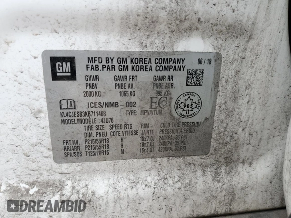 2019 Buick Encore Preferred with VIN KL4CJESB3KB711408, listed as a Copart auction lot 51327925 with 71,454 mi miles and Salvage Title. Bid and sale history available at DreamBid. Image 13.