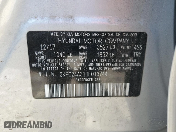2018 Hyundai Accent SE z VIN 3KPC24A31JE013744, wystawiony jako Copart lot #52619315 z przebiegiem 89 887 mil mil oraz Szkoda całkowita • Salvage title. Historia ofert i sprzedaży dostępna na DreamBid. Obrazek 13.