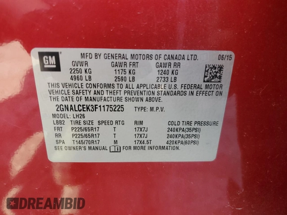2015 Chevrolet Equinox LT with VIN 2GNALCEK3F1175225, listed as a Copart auction lot 53269565 with 135,573 mi miles and Clean Title. Bid and sale history available at DreamBid. Image 13.