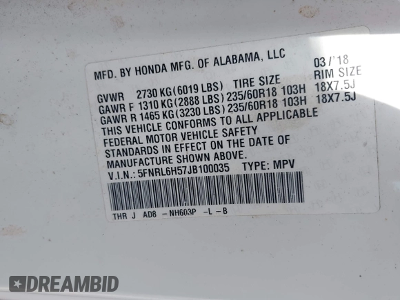 2018 Honda Odyssey EX with VIN 5FNRL6H57JB100035, listed as a IAAI auction lot 42582758 with 88,585 mi miles and . Bid and sale history available at DreamBid. Image 9.