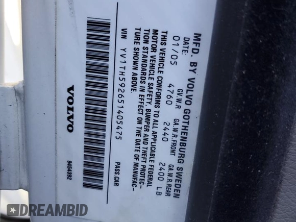2005 Volvo S80 with VIN YV1TH592651405475, listed as a Copart auction lot 87314014 with 0 mi miles and Salvage Title. Bid and sale history available at carsss.com. Image 12.