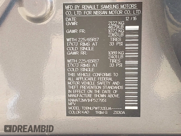 2017 Nissan Rogue SV with VIN KNMAT2MV1HP527951, listed as a IAAI auction lot 42493723 with 100,461 mi miles and . Bid and sale history available at DreamBid. Image 9.