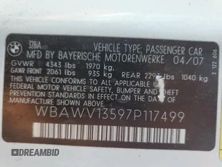 2007 BMW 3 Series 328i with VIN WBAWV13597P117499, listed as a Copart auction lot 42053095 with 230,508 mi miles and Salvage title. Bid and sale history available at DreamBid. Image 14.