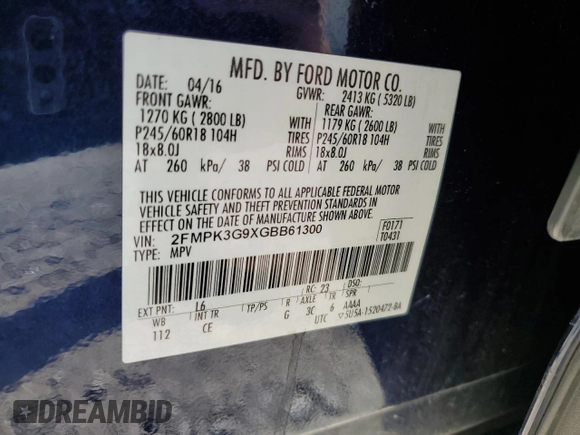 2016 Ford Edge SE with VIN 2FMPK3G9XGBB61300, listed as a Copart auction lot 48024745 with 126,334 mi miles and Salvage title. Bid and sale history available at DreamBid. Image 13.