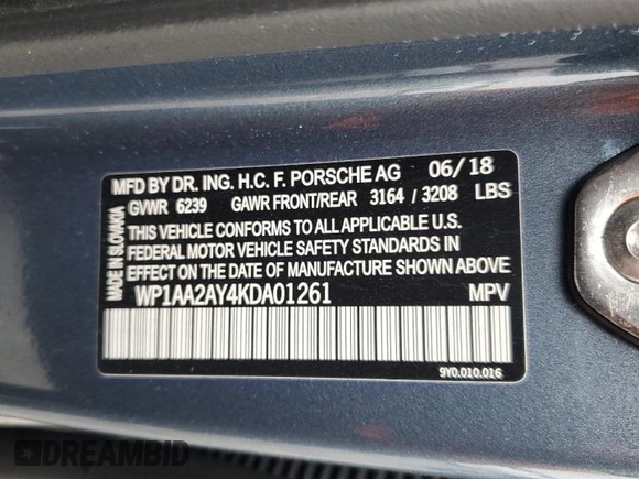 2019 Porsche Cayenne with VIN WP1AA2AY4KDA01261, listed as a Copart auction lot 59630025 with 56,459 mi miles and Salvage title. Bid and sale history available at DreamBid. Image 13.