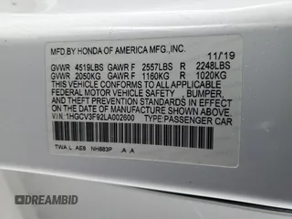 2020 Honda Accord Touring with VIN 1HGCV3F92LA002600, listed as a Copart auction lot 52506865 with 101,055 mi miles and Salvage title. Bid and sale history available at DreamBid. Image 13.