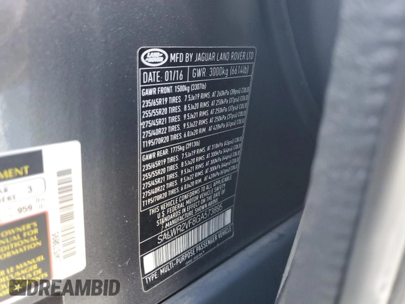 2016 Land Rover Range Rover Sport HSE with VIN SALWR2VF8GA573895, listed as a Copart auction lot 54260095 with 86,640 mi miles and Clean title. Bid and sale history available at DreamBid. Image 12.