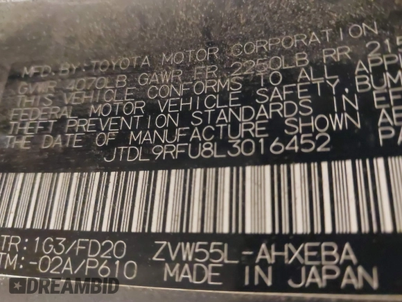 2020 Toyota Prius LE with VIN JTDL9RFU8L3016452, listed as a IAAI auction lot 41417551 with 52,810 mi miles and . Bid and sale history available at DreamBid. Image 9.