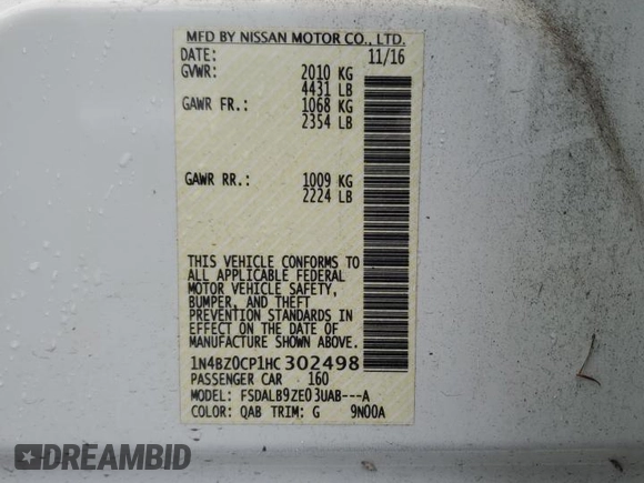 2017 Nissan LEAF SL with VIN 1N4BZ0CP1HC302498, listed as a Copart auction lot 81596034 with 32,514 mi miles and Salvage Title. Bid and sale history available at carsss.com. Image 13.