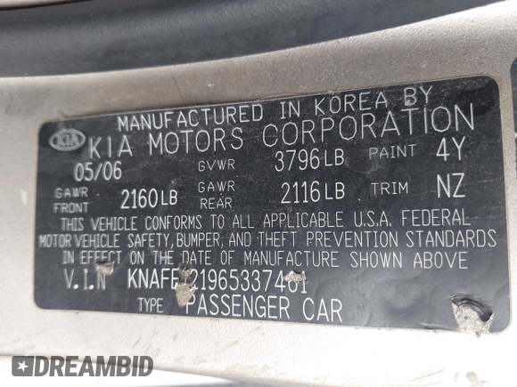 2006 Kia Spectra EX with VIN KNAFE121965337461, listed as a IAAI auction lot 42175939 with 229,723 mi miles. Bid and sale history available at carsss.com. Image 9.