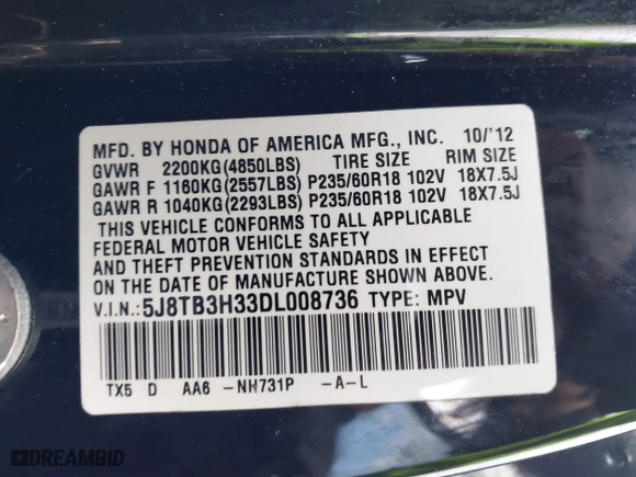 2013 Acura RDX with VIN 5J8TB3H33DL008736, listed as a IAAI auction lot 41195260 with 202,869 mi miles. Bid and sale history available at carsss.com. Image 9.