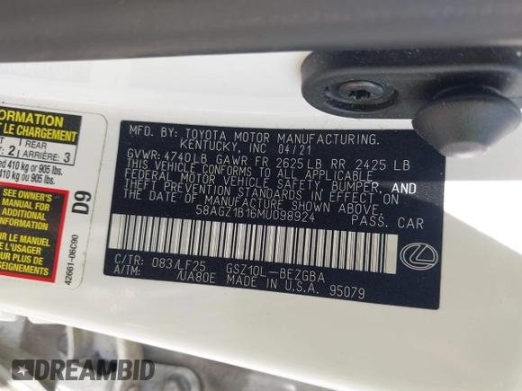 2021 Lexus ES 350 F Sport with VIN 58AGZ1B16MU098924, listed as a IAAI auction lot 42039190 with 41,786 mi miles and . Bid and sale history available at DreamBid. Image 9.