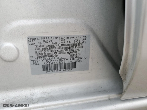 2019 Nissan Versa Sedan SV with VIN 3N1CN7AP4KL857384, listed as a Copart auction lot 40427294 with 0 mi miles and Salvage Title. Bid and sale history available at carsss.com. Image 12.
