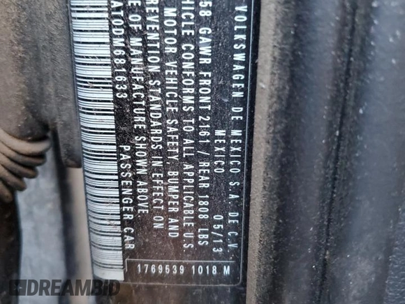 2013 Volkswagen Beetle with VIN 3VWHX7AT0DM681633, listed as a Copart auction lot 43077395 with 37,369 mi miles and Salvage title. Bid and sale history available at DreamBid. Image 13.