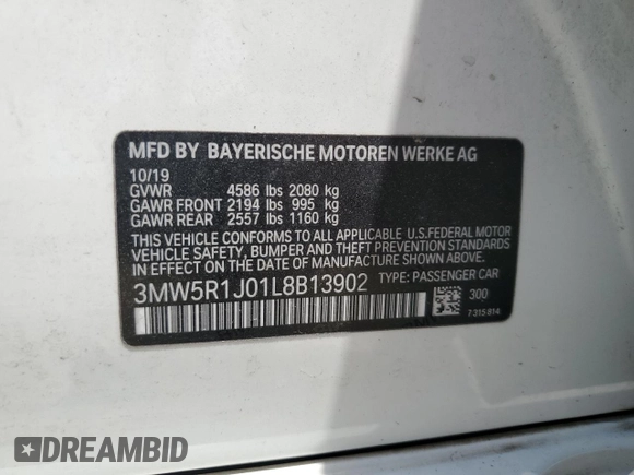2020 BMW 3 Series 330i with VIN 3MW5R1J01L8B13902, listed as a Copart auction lot 59869625 with 54,992 mi miles and Salvage title. Bid and sale history available at DreamBid. Image 12.
