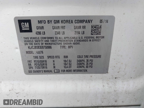 2014 Buick Encore Convenience with VIN KL4CJBSB3EB750986, listed as a IAAI auction lot 42195394 with 67,017 mi miles and . Bid and sale history available at DreamBid. Image 9.