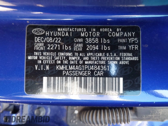 2023 Hyundai Elantra SEL with VIN KMHLM4AG1PU484361, listed as a IAAI auction lot 41986634 with 39,230 mi miles and . Bid and sale history available at DreamBid. Image 9.