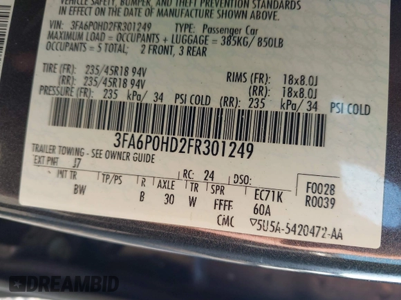 2015 Ford Fusion SE с VIN 3FA6P0HD2FR301249, выставлен на аукционе IAAI как лот 42688278 с пробегом 166 813 миль миль и . История ставок и продаж доступна на DreamBid. Изображение 9.