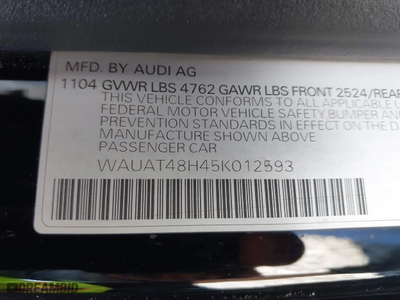 2005 Audi A4 3.0L with VIN WAUAT48H45K012593, listed as a IAAI auction lot 41989692 with 179,638 mi miles. Bid and sale history available at carsss.com. Image 9.