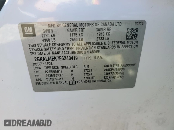 2014 GMC Terrain SLE with VIN 2GKALMEK7E6240419, listed as a Copart auction lot 49325435 with 136,168 mi miles and Salvage Title. Bid and sale history available at DreamBid. Image 14.