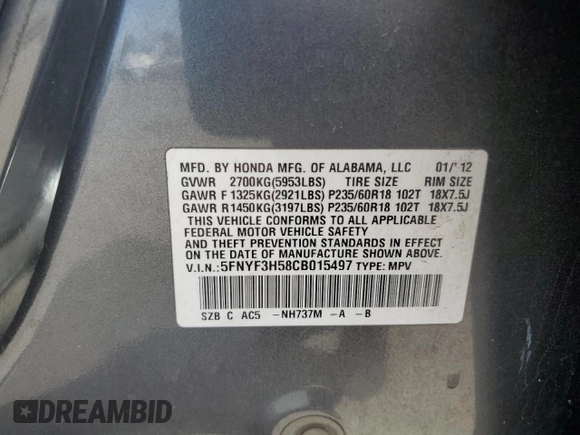 2012 Honda Pilot EX-L with VIN 5FNYF3H58CB015497, listed as a Copart auction lot 56868225 with 235,287 mi miles and Clean Title. Bid and sale history available at DreamBid. Image 13.