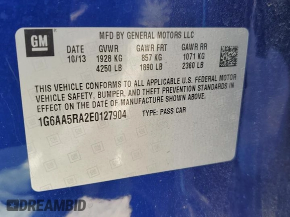 2014 Cadillac ATS Standard RWD with VIN 1G6AA5RA2E0127904, listed as a Copart auction lot 57476465 with 83,626 mi miles and Salvage title. Bid and sale history available at DreamBid. Image 12.