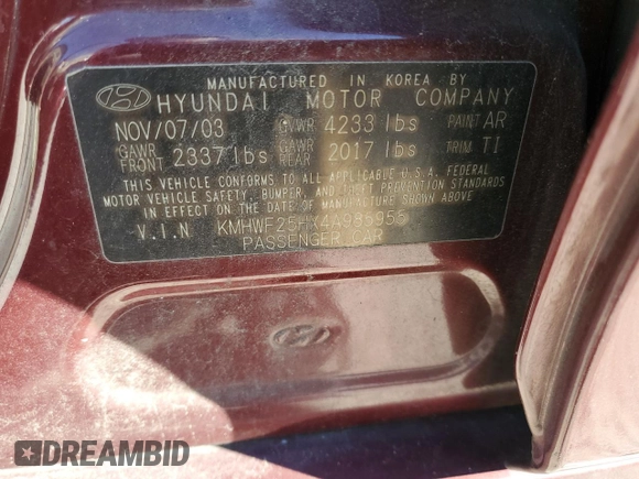 2004 Hyundai Sonata with VIN KMHWF25HX4A985955, listed as a Copart auction lot 87756475 with 89,030 mi miles and Clean Title. Bid and sale history available at carsss.com. Image 12.