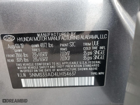 2020 Hyundai Santa Fe SEL with VIN 5NMS33AD4LH154637, listed as a Copart auction lot 47432545 with 73,841 mi miles and Salvage Title. Bid and sale history available at carsss.com. Image 15.