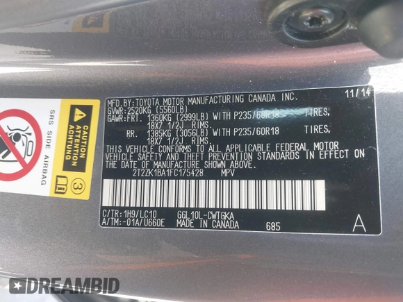 2015 Lexus RX 350 with VIN 2T2ZK1BA1FC175428, listed as a IAAI auction lot 41801786 with 107,931 mi miles. Bid and sale history available at carsss.com. Image 9.