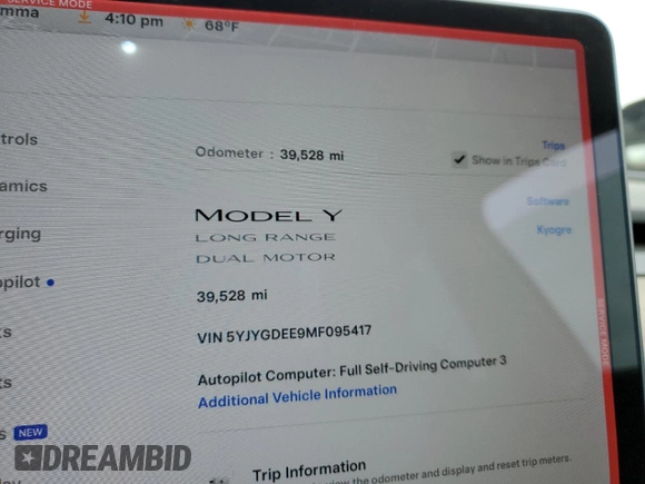2021 Tesla Model Y Long Range with VIN 5YJYGDEE9MF095417, listed as a Copart auction lot 52960515 with 39,528 mi miles and Salvage Title. Bid and sale history available at DreamBid. Image 9.