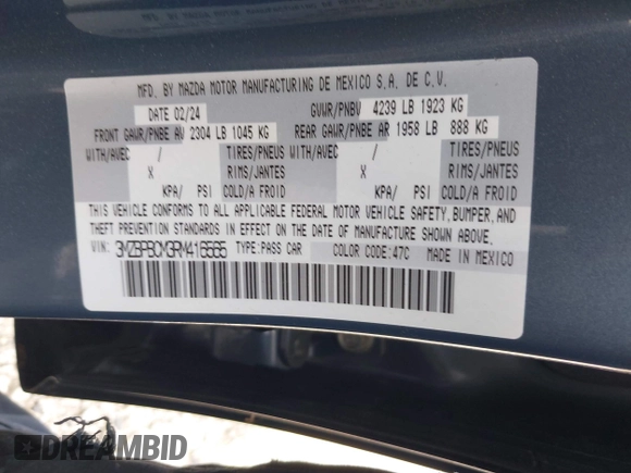 2024 Mazda 3 S Carbon Edition with VIN 3MZBPBCM3RM416565, listed as a IAAI auction lot 42047841 with 11,074 mi miles and . Bid and sale history available at DreamBid. Image 9.