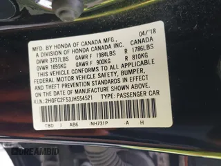 2018 Honda Civic LX with VIN 2HGFC2F53JH554521, listed as a IAAI auction lot 41930345 with 83,054 mi miles and . Bid and sale history available at DreamBid. Image 9.