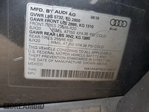 2018 Audi SQ5 Premium Plus with VIN WA1A4AFY6J2199079, listed as a Copart auction lot 65647133 with 84,867 mi miles. Bid and sale history available at carsss.com. Image 13.