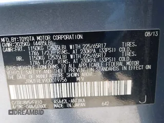 2013 Toyota RAV4 LE with VIN JTMZFREV9DD019756, listed as a IAAI auction lot 41708194 with 126,689 mi miles and . Bid and sale history available at carsss.com. Image 9.