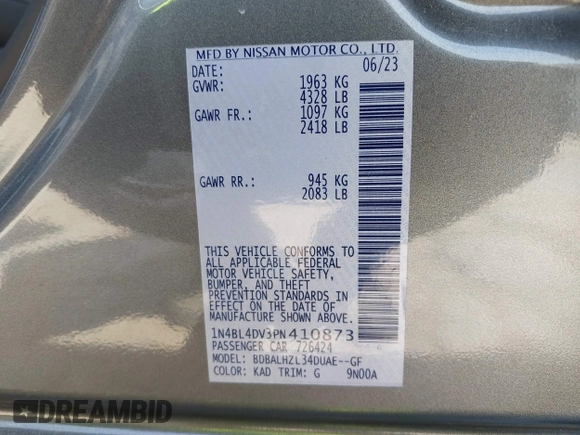 2023 Nissan Altima SV z VIN 1N4BL4DV3PN410873, wystawiony jako IAAI lot #42055332 z przebiegiem 46 121 mil mil oraz . Historia ofert i sprzedaży dostępna na DreamBid. Obrazek 9.