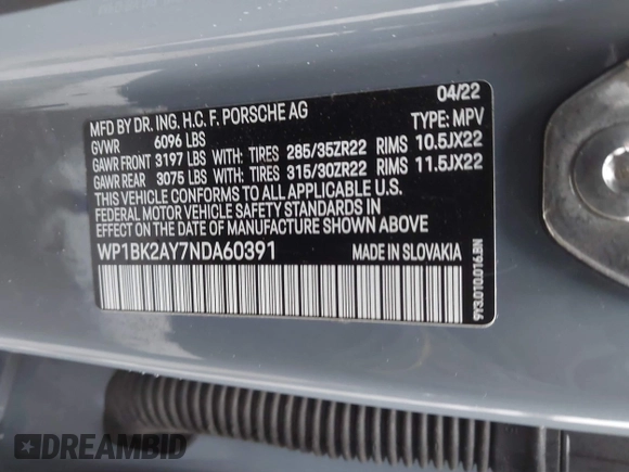 2022 Porsche Cayenne Turbo GT with VIN WP1BK2AY7NDA60391, listed as a IAAI auction lot 41666360 with 34,106 mi miles and . Bid and sale history available at DreamBid. Image 9.