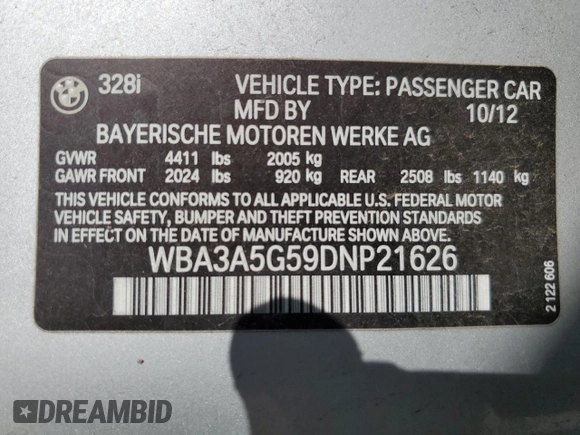 2013 BMW 3 Series 328i with VIN WBA3A5G59DNP21626, listed as a Copart auction lot 52136545 with 88,365 mi miles and Salvage Title. Bid and sale history available at carsss.com. Image 13.